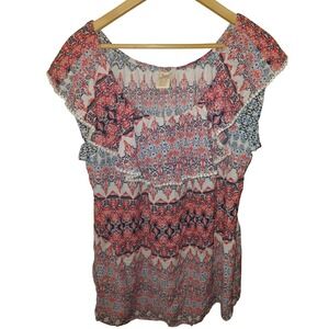 Faded Glory Womens XXL 20 Boho Ruffle Pom Pom Trim Rayon Blouse Red Blue White